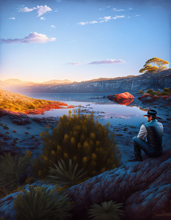 Person in hat overlooking tranquil river with red foliage and cliffs