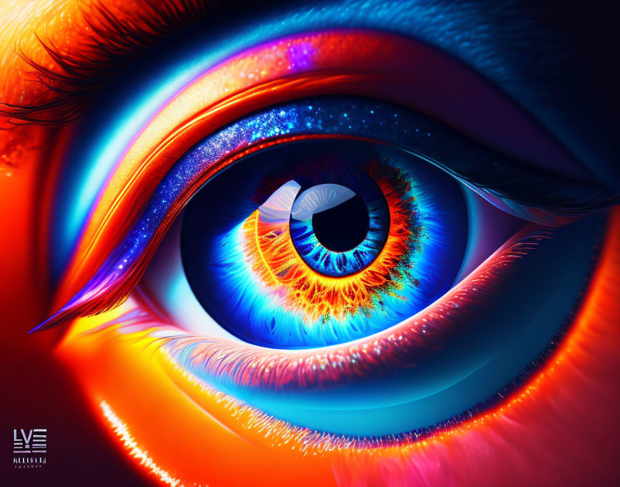 Colorful Digital Art: Human Eye in Vibrant Blues, Purples, Oranges & Y