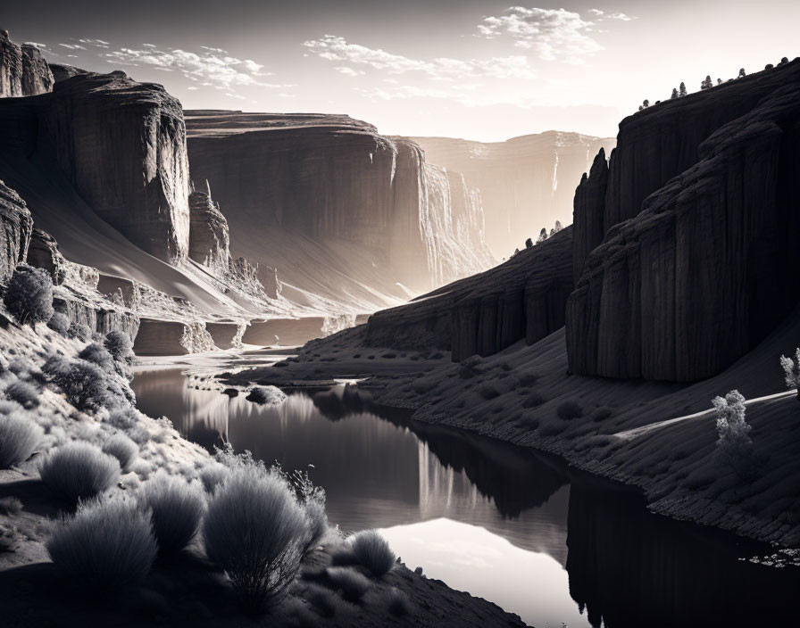 Tranquil river in steep canyon with cliff walls: Monochromatic scenery