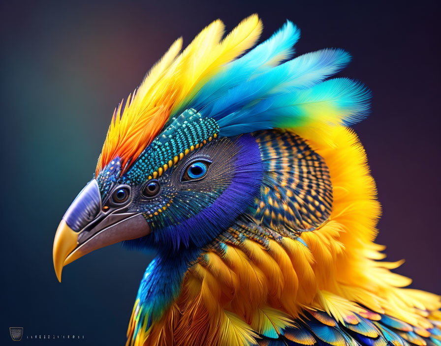 Colorful bird close-up with vibrant orange, blue, and yellow feathers