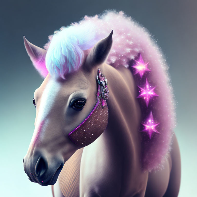 Fantastical horse with pink mane, unicorn horn, stars, on blue background