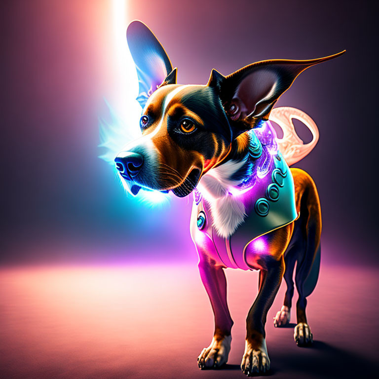 Stylized digital art of a futuristic dog with exaggerated ears on purple background