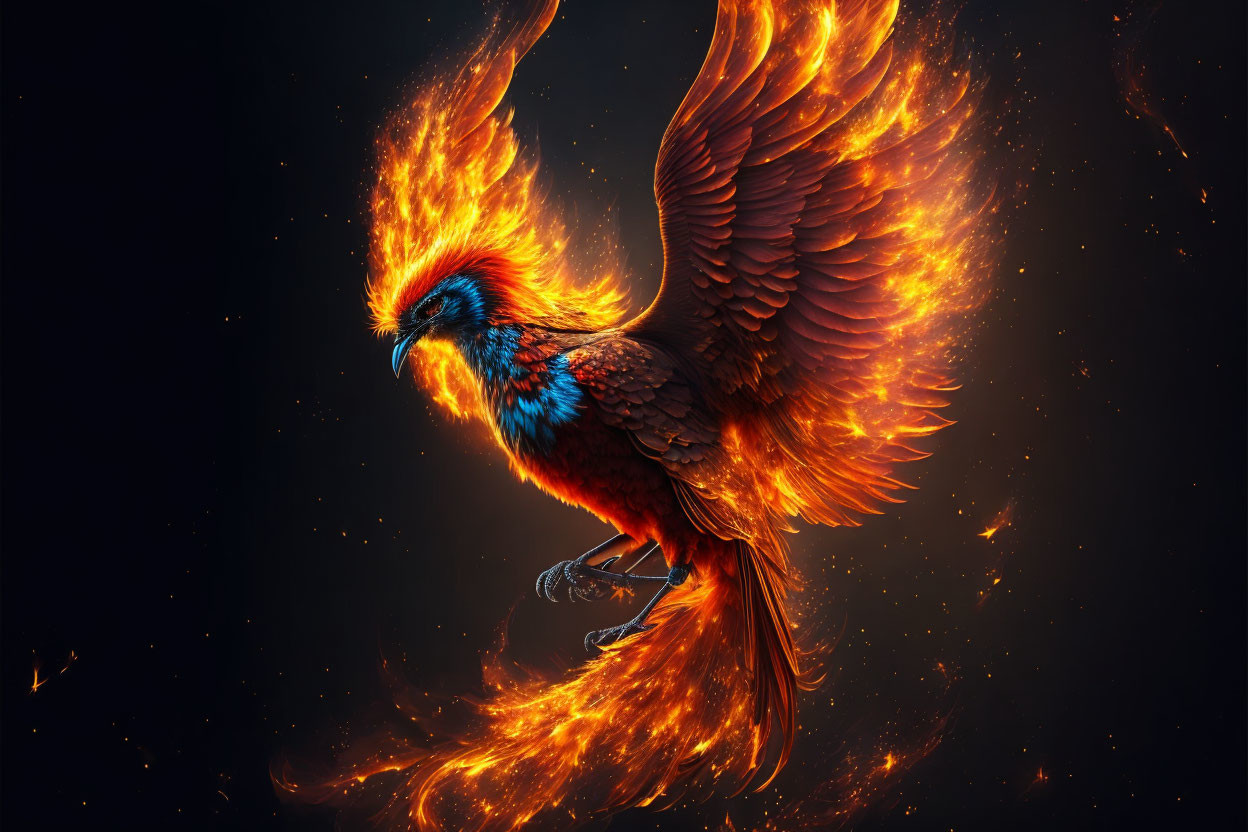 Colorful Phoenix Artwork with Fiery Wings in Flight