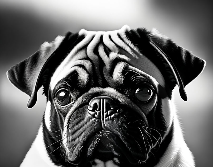 Close-up Monochrome Portrait of Wrinkled Pug