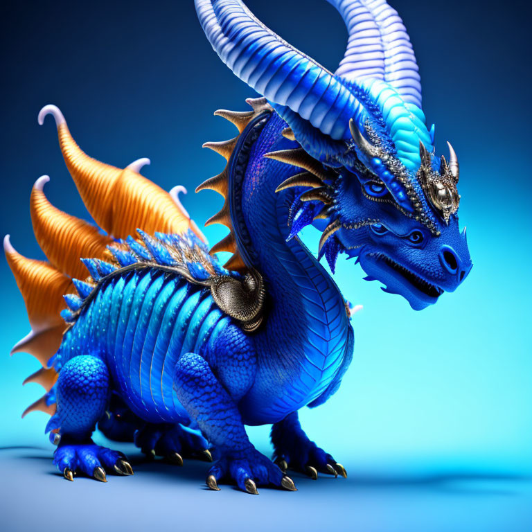 Vibrant Blue Dragon with Golden Accents on Blue Background