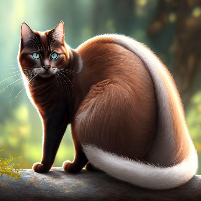 Sleek Brown and White Cat with Blue Eyes on Rock in Forest Setting