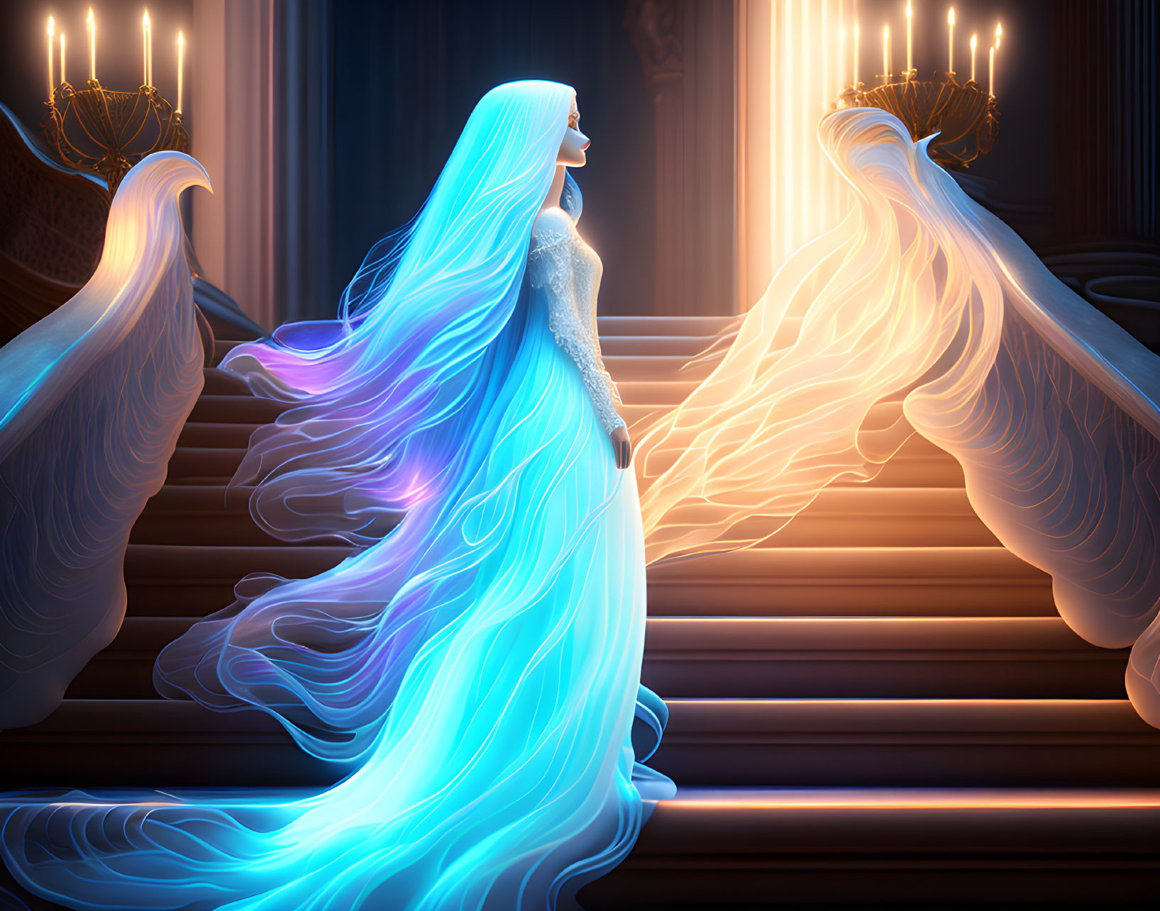 Ethereal woman with luminous blue hair on grand staircase surrounded by candles