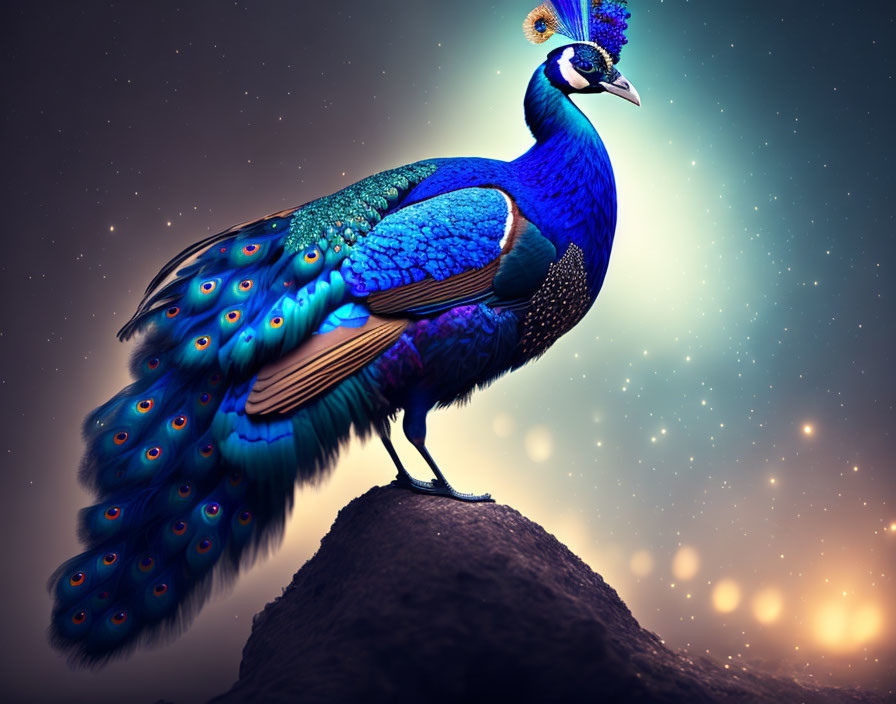 Vibrant blue and green peacock on rock under starry night sky