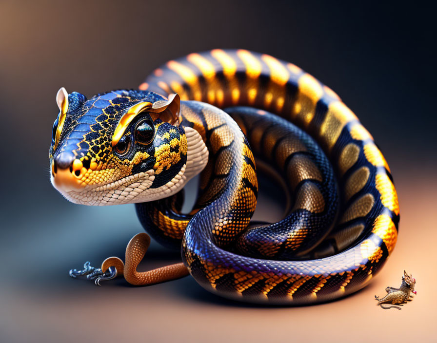 Colorful digital artwork: Snake with blue and yellow scales and winged lizard.