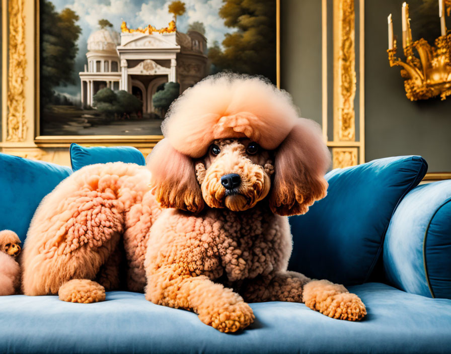 Apricot poodle with stylish haircut on blue couch with classic painting and golden sconces.