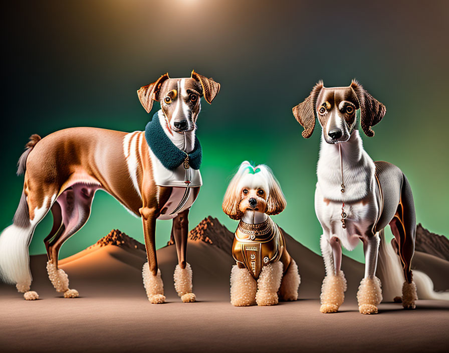 Stylized dogs in fashionable outfits on two legs against colorful backdrop