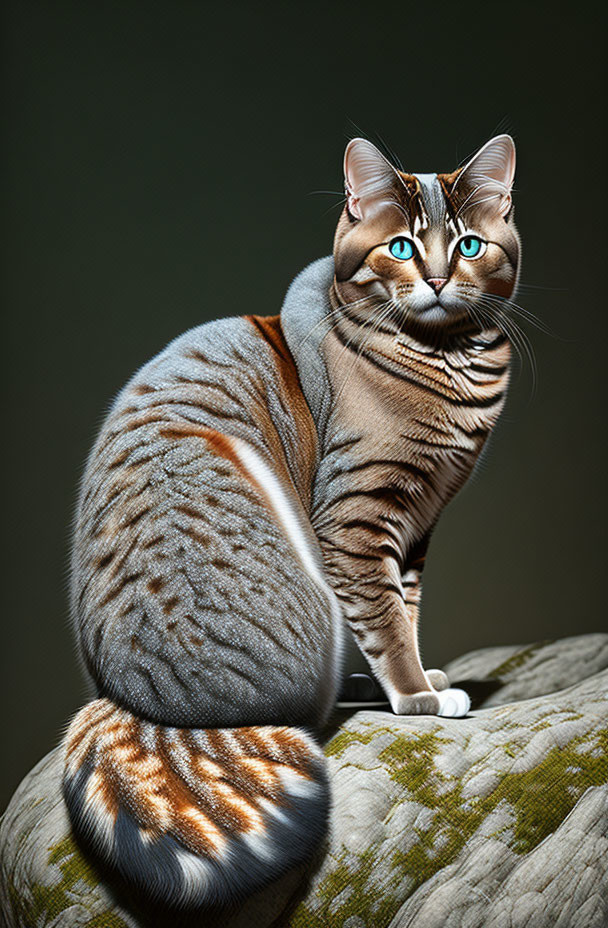 Tabby cat with vivid blue eyes sitting on weathered log