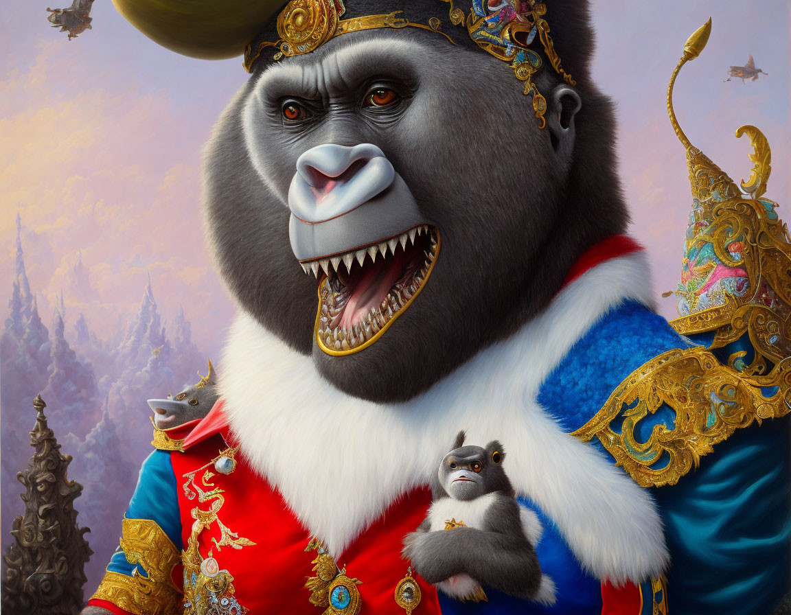 Regal gorilla in royal attire holding smaller gorilla in dreamlike landscape