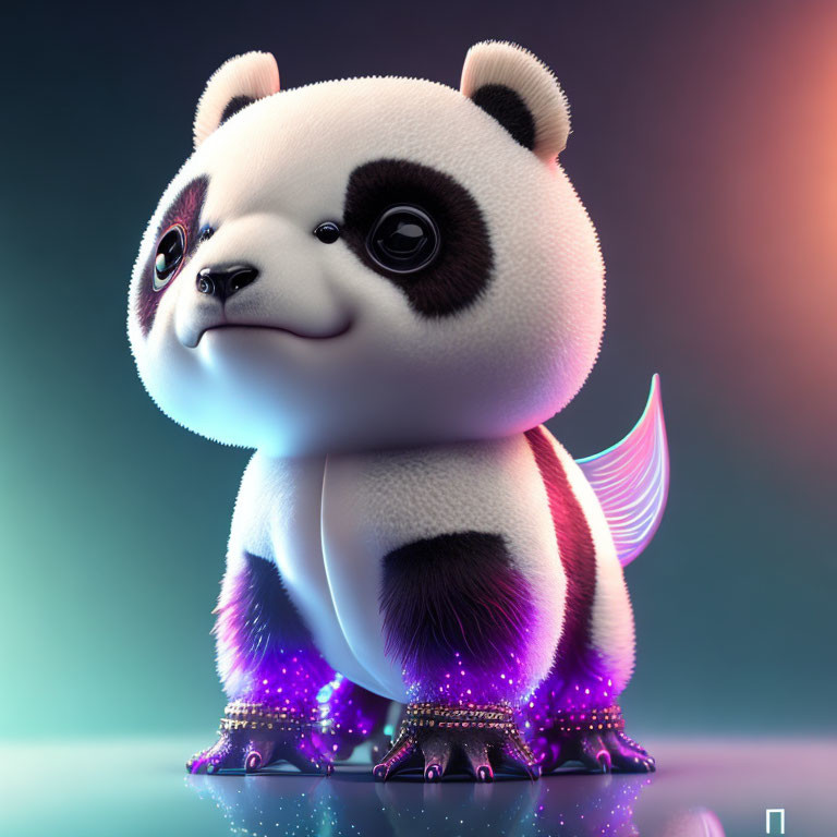 Cartoonish panda character with horn and purple paws on gradient background