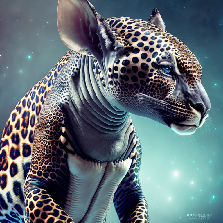 Illustration of surreal creature with leopard spots and humanoid features