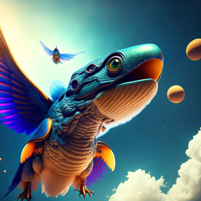 Vibrant fantasy artwork: gecko-like creature with bird wings in colorful sky