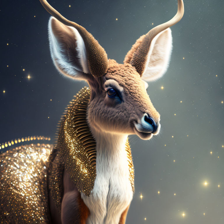 Digitally-enhanced deer with gold accents on celestial background