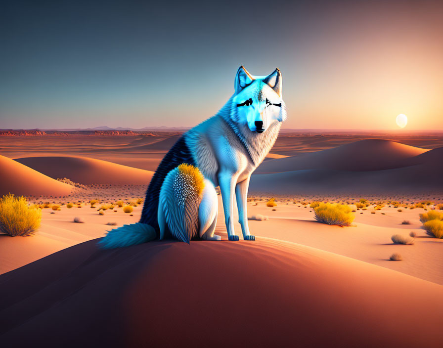 Stylized blue and white wolf on desert sand dune at sunset