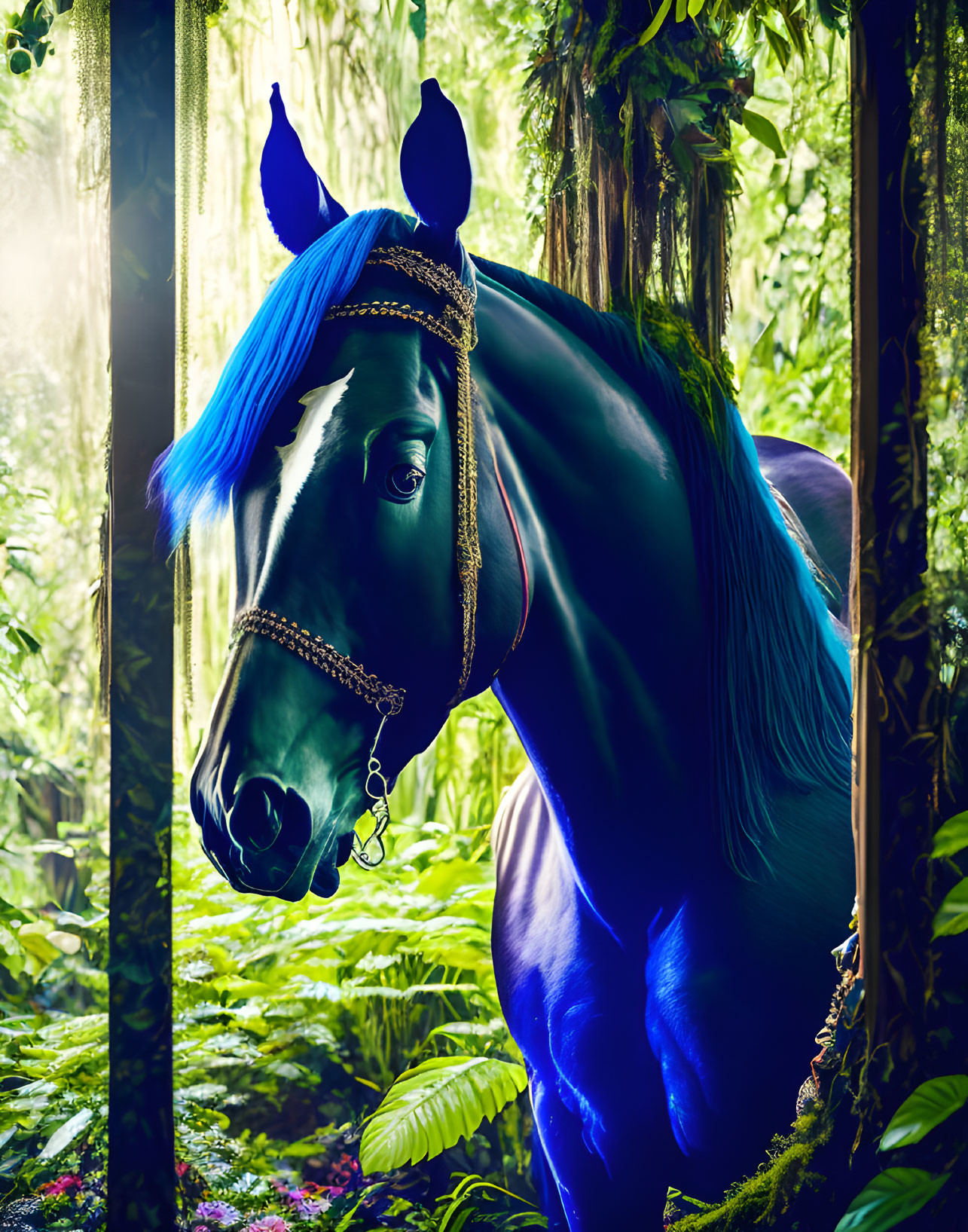 Colorful digital artwork: Horse with blue mane in lush forest