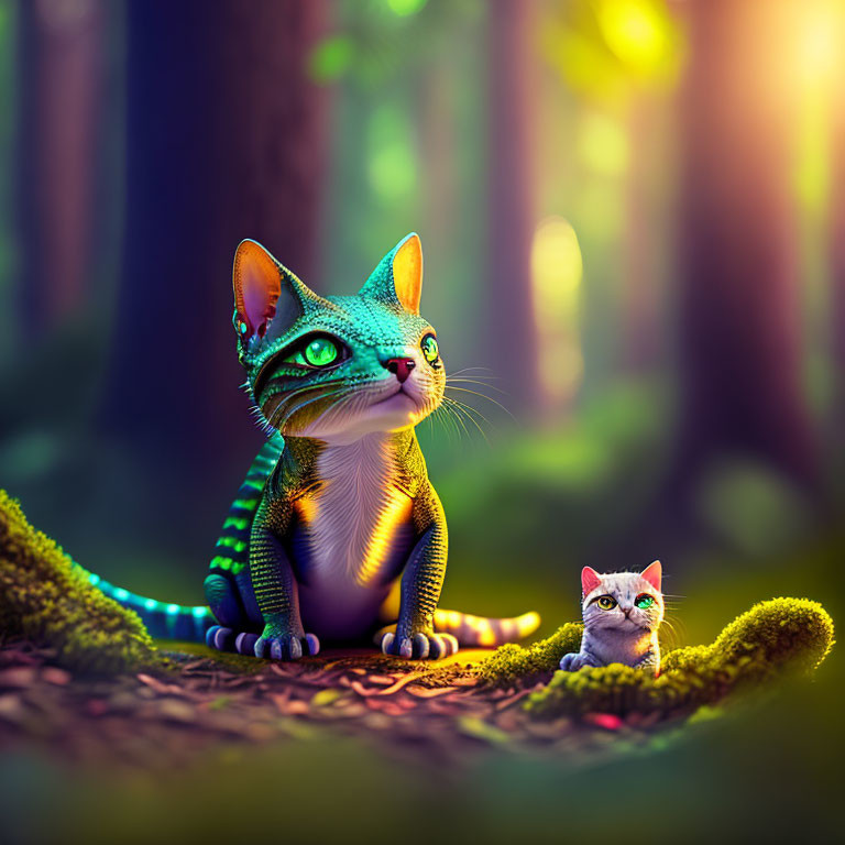 Whimsical cats in enchanted forest with magical light