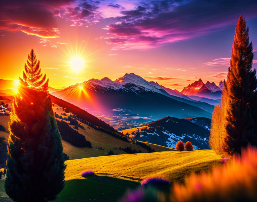 Colorful sunset over mountainous terrain with sunbeams, silhouetted pines, and