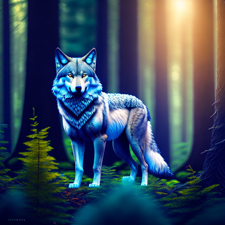 Blue wolf in mystical forest with sunlight rays.