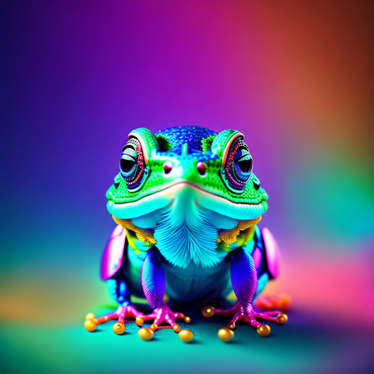 Colorful digital illustration: Frog with intricate patterns on rainbow background