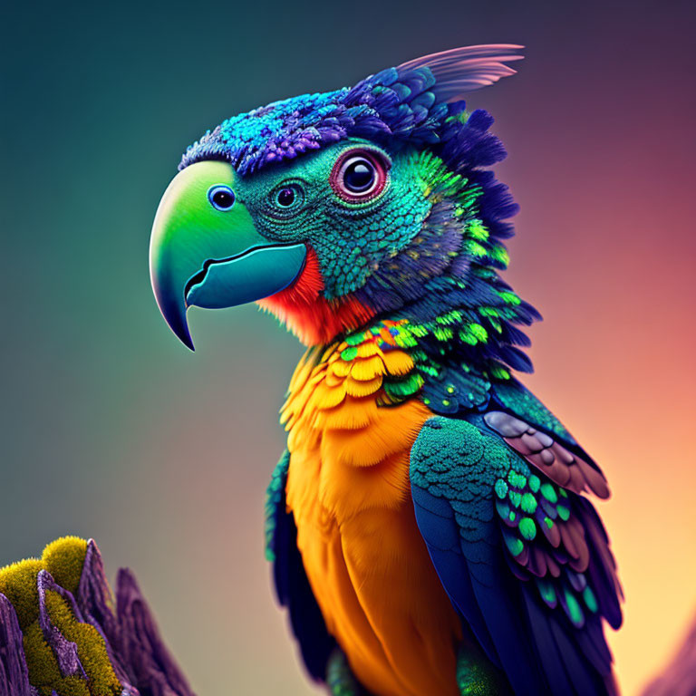 Colorful Parrot Digital Illustration with Detailed Feathers and Gradient Background