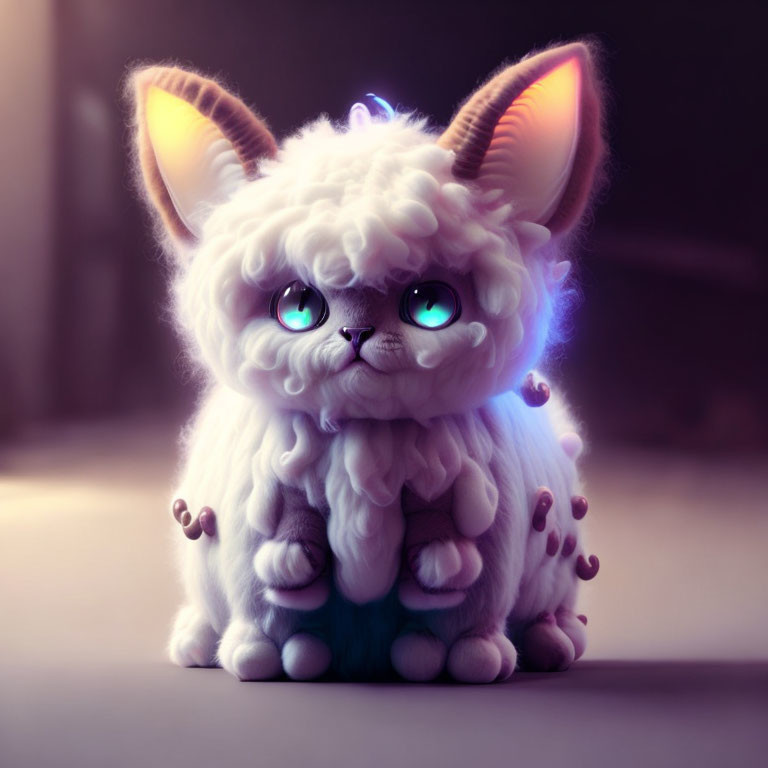 Fantasy white kitten with big blue eyes and purple glow