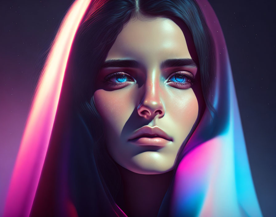 Digital portrait: Woman with blue eyes under neon lights