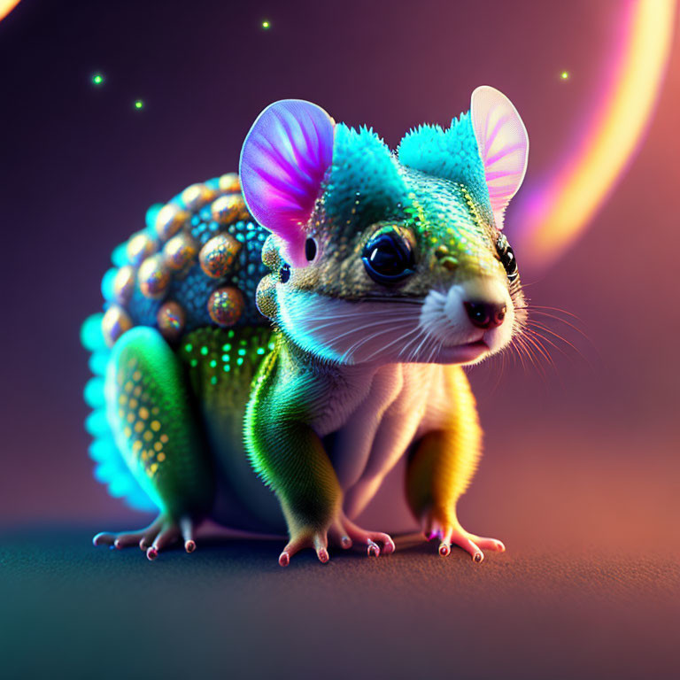 Colorful Mouse-Armadillo Creature with Iridescent Scales under Crescent Moon