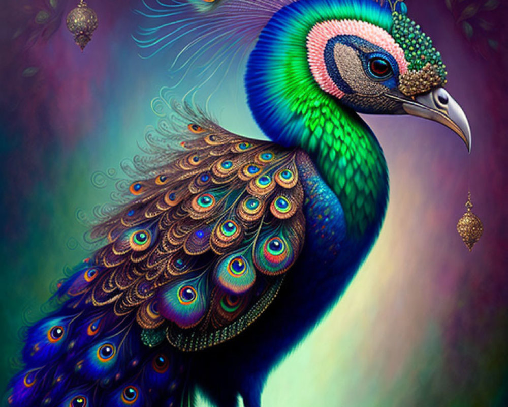 Colorful Peacock Illustration with Detailed Plumage and Ornate Baubles