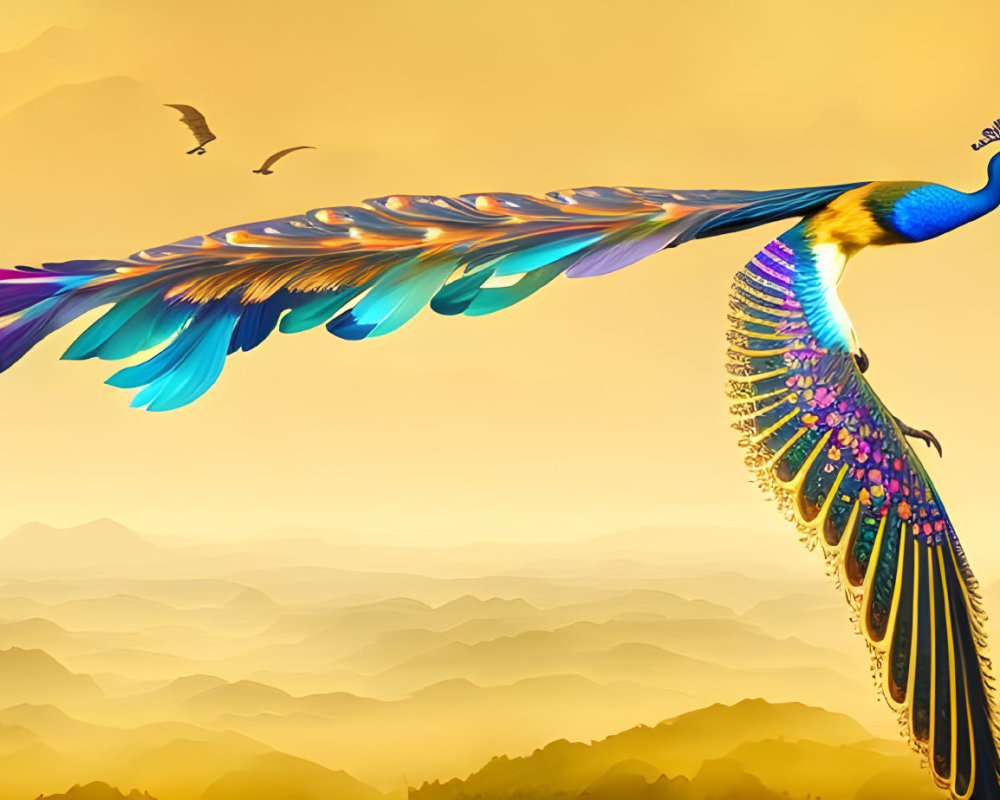 Colorful Peacock Digital Art Against Mountainous Backdrop