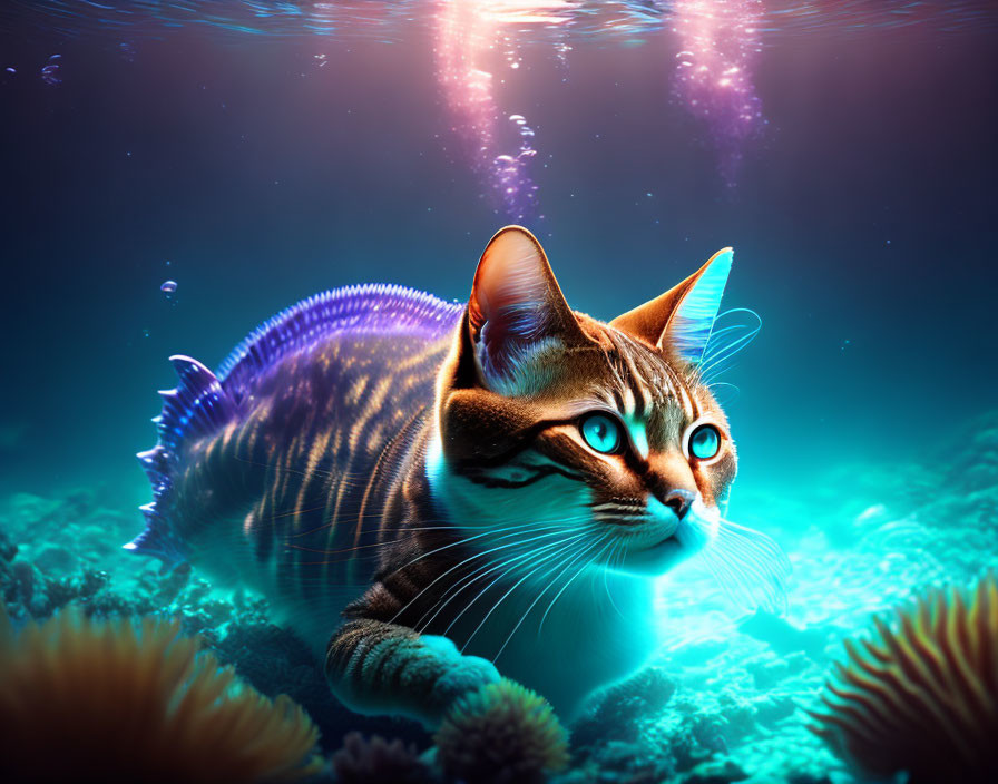 Surreal underwater scene: cat with fish-like features among coral