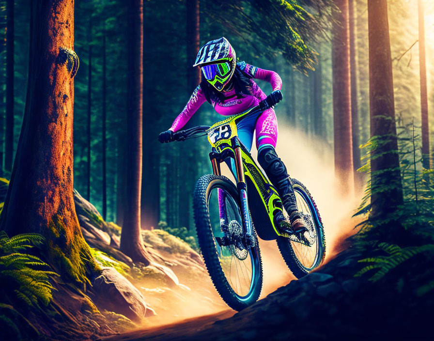 Vibrant purple and pink mountain biker rides downhill in sunlit forest