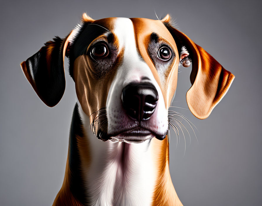 Brown and White Dog with Large Ears and Expressive Eyes on Grey Background