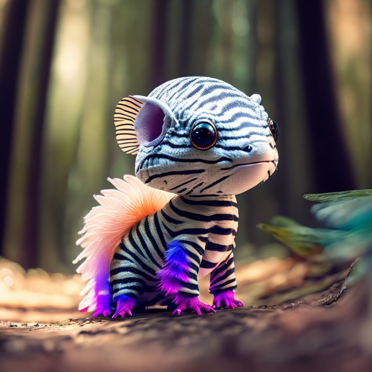 Colorful Toy Creature with Zebra Stripes in Magical Forest