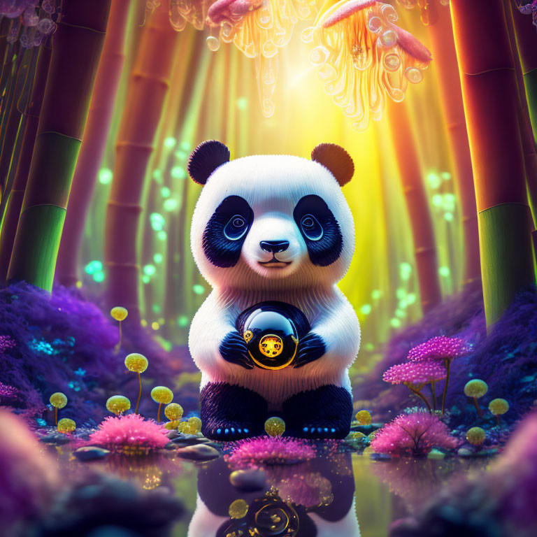 Cartoon panda with skull in colorful enchanted forest