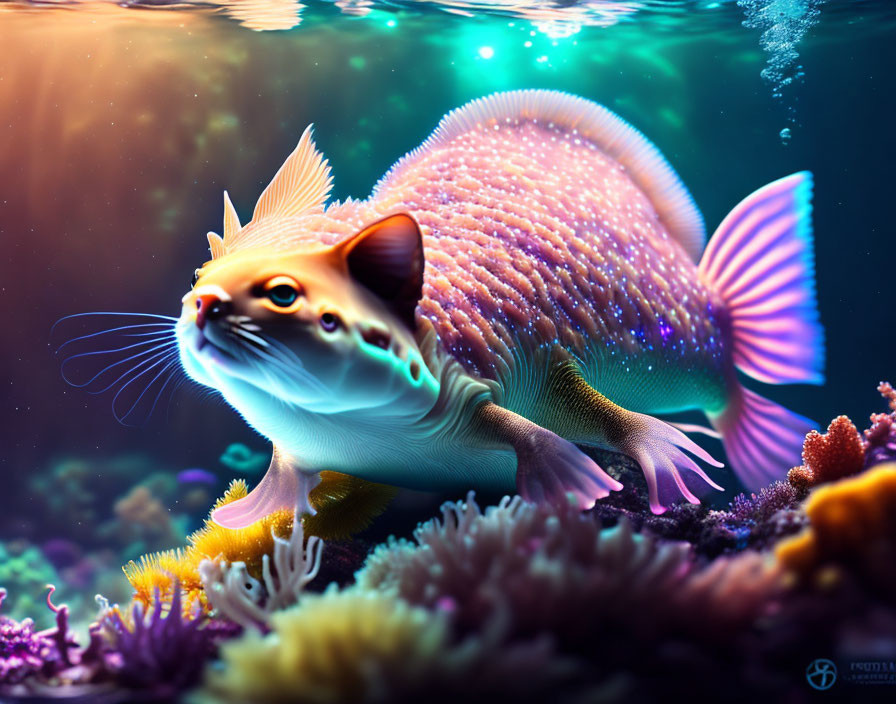 Fish-bodied Cat-headed Creature Swimming Among Colorful Underwater Corals