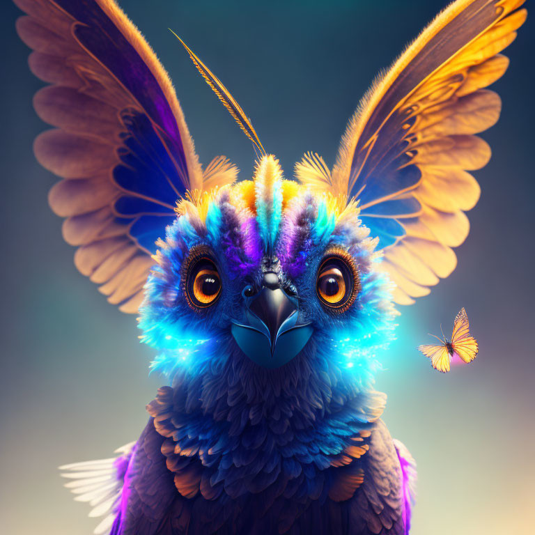 Colorful bird with outstretched wings and glowing hues observing a butterfly