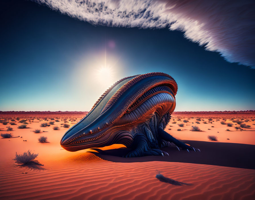 Surreal desert landscape with large metallic structure