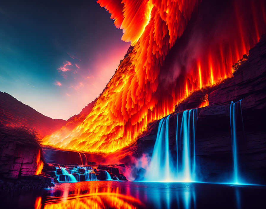 Surreal landscape with fiery red sky and cascading waterfalls