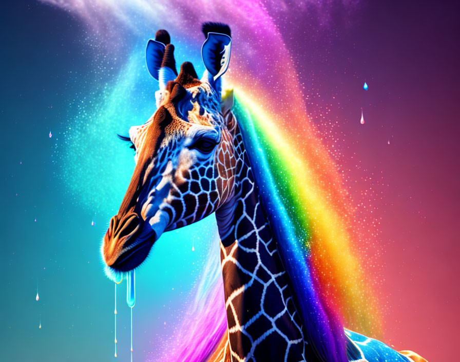 Colorful Giraffe Artwork with Rainbow and Cosmic Background