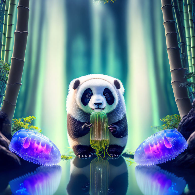 Cute panda with glowing green object in mystical forest