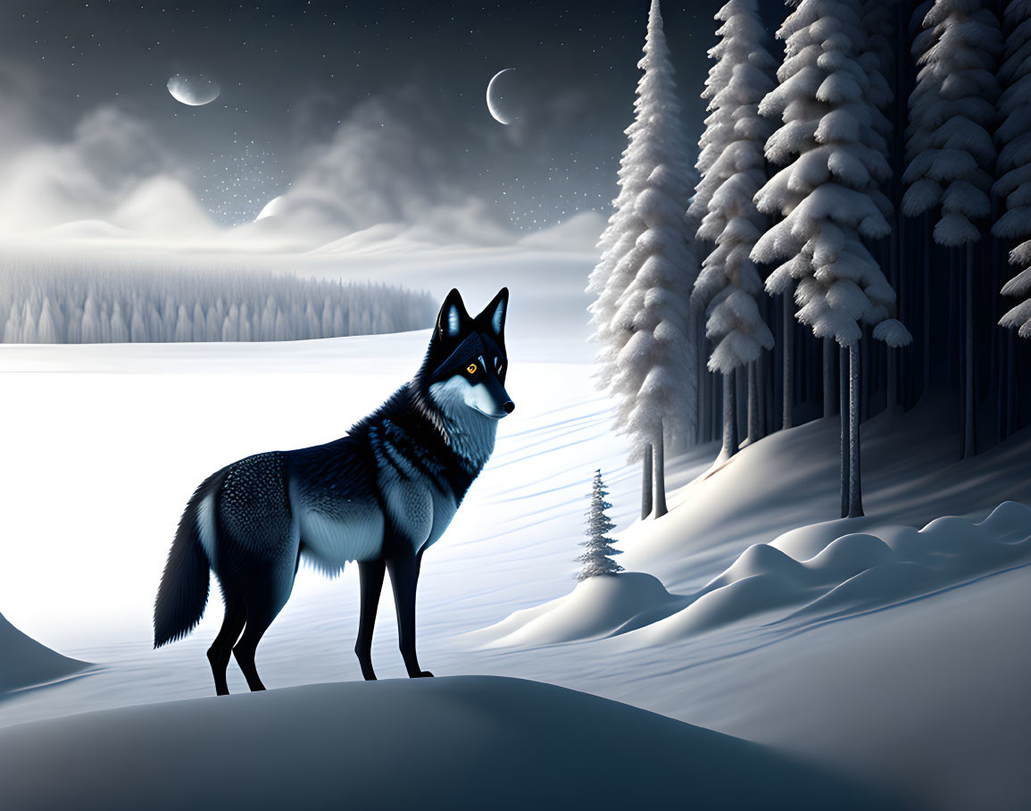 Solitary wolf in snowy forest by frozen lake under two moons