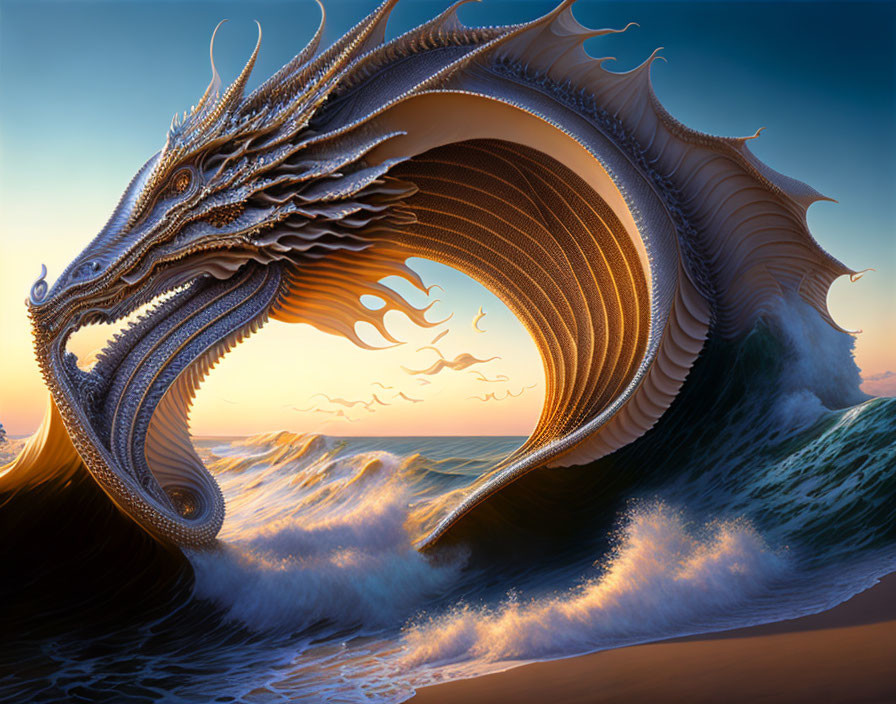 Majestic dragon emerging from ocean waves at sunset