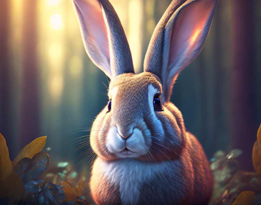 Close-up Anthropomorphized Rabbit with Large Ears in Enchanted Forest