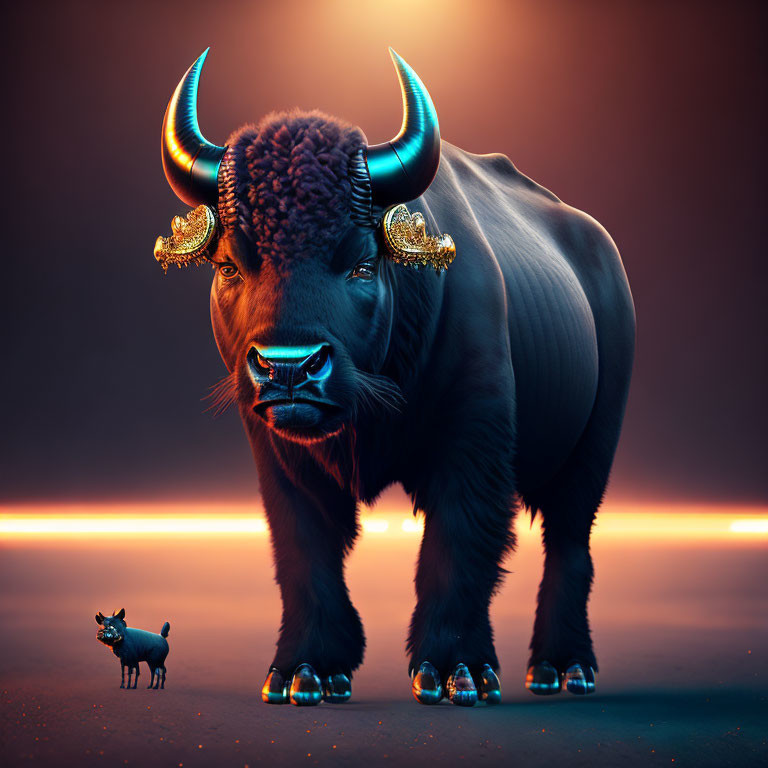 Stylized large bison with glowing horns and hooves facing miniature version on warm-toned backdrop