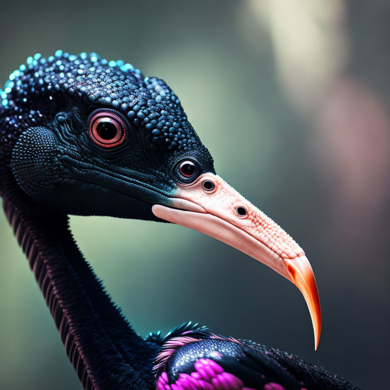 Colorful bird with dark feathered head, long orange beak, and red eyes on blurred background