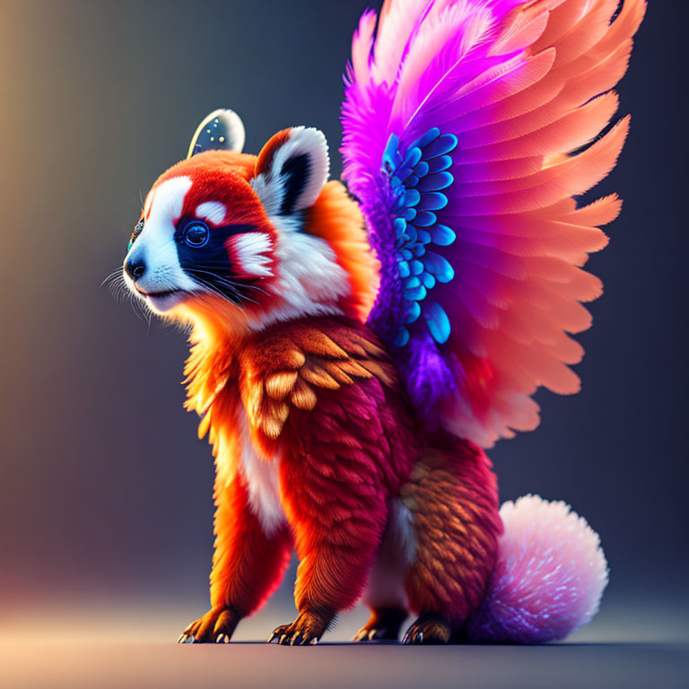 Colorful Creature: Red Panda Features, Feathered Wings, and Horn